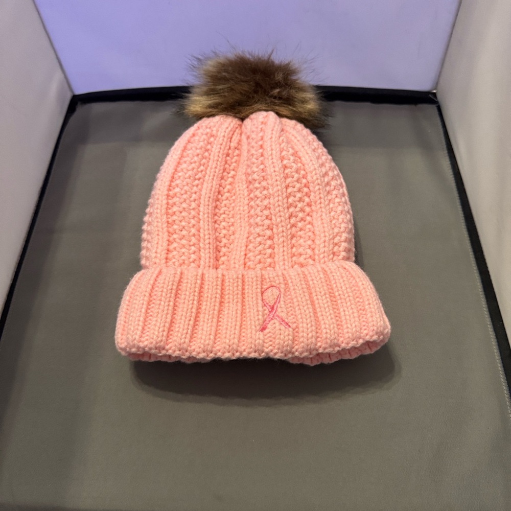 Pink Knit Beanie with Pom Pom cancer hope‎